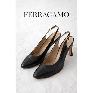 Ferragamo Slingback Heels Black Leather Cap Toe AAA Narrow Italy Classic Pumps